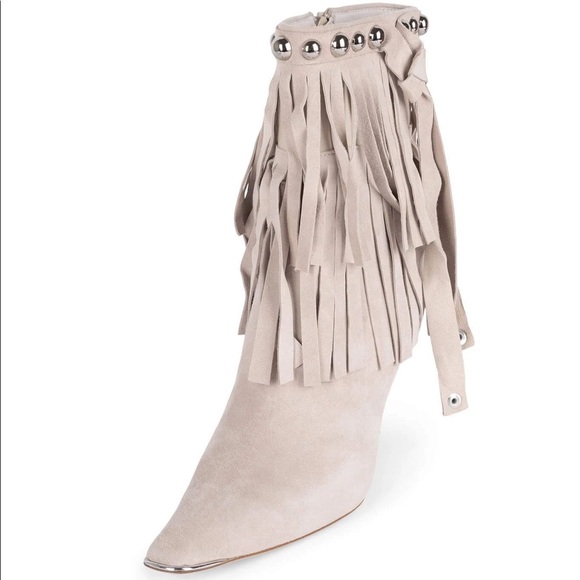 Jeffrey Campbell Stiletto Fringe Stud Bone White Suede Pointed Toe Bootie NWT - Picture 10 of 12